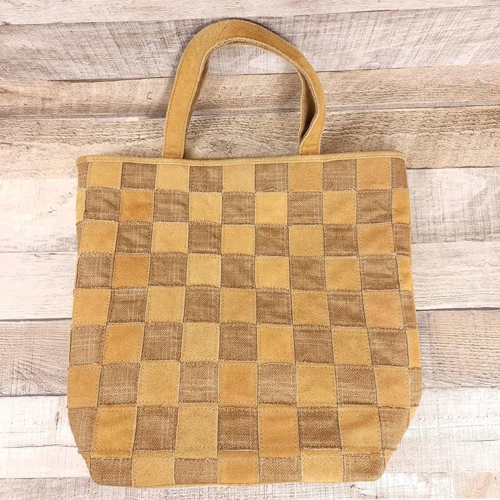 Crosstree Lane Suede Leather And Wool Check Print Tote Bag
